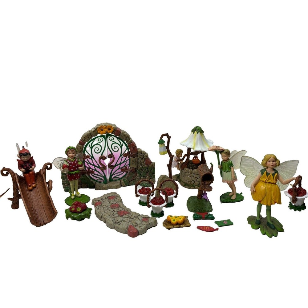 Flower Fairies Figures Lot With Flower Garden Accessories